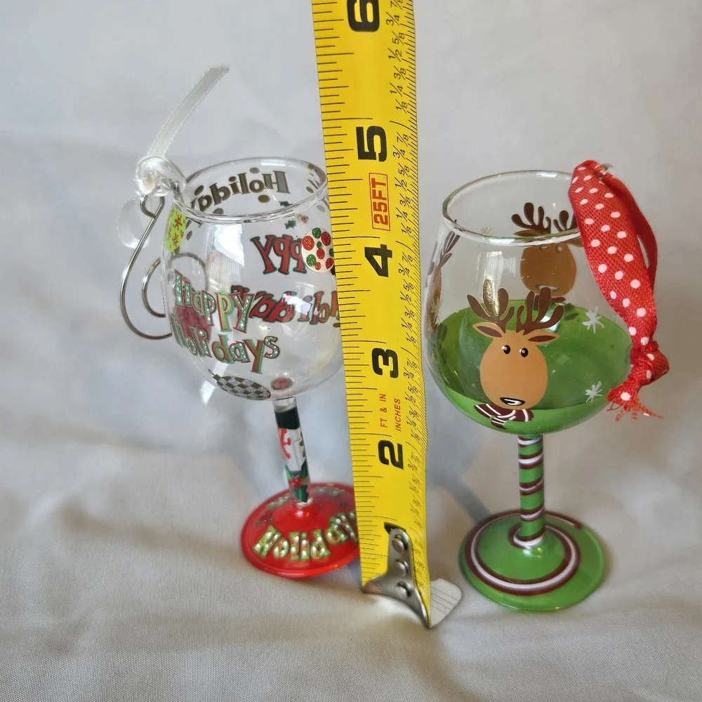 Lolita Happy Holidays Mini Wine Glass Ornament Set Reindeer Christmas Lot of 2
